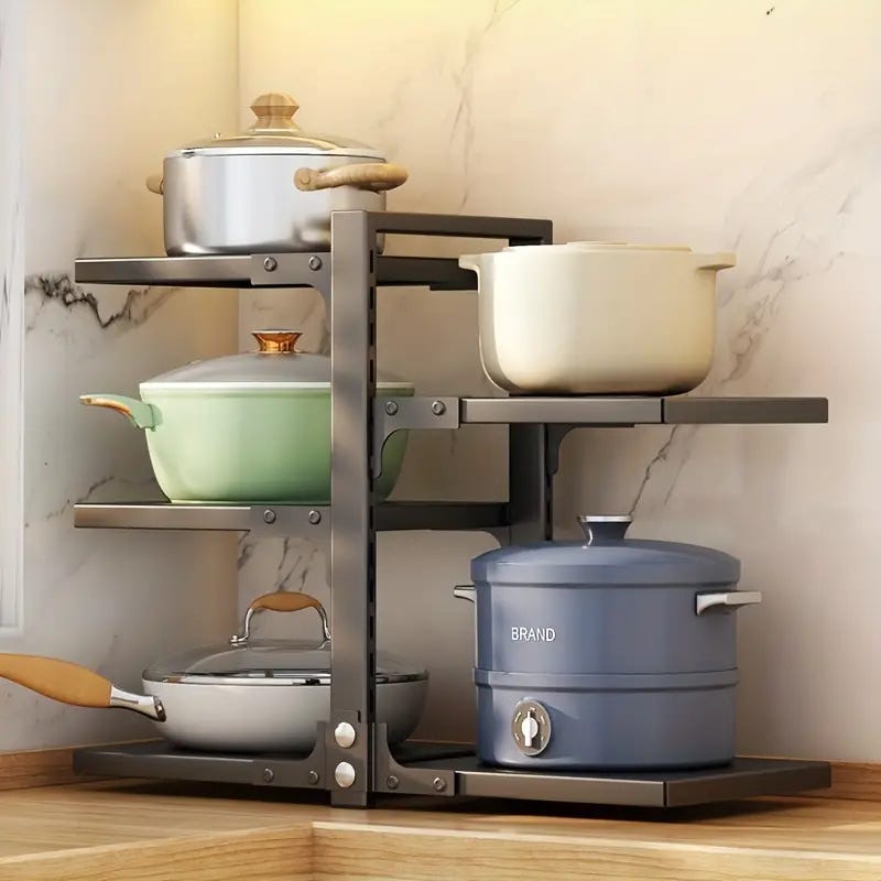 Organisateur de casseroles et poêles à 5 niveaux - Double face,  antirouille, réglable et parfait pour le rangement d'armoires, gris