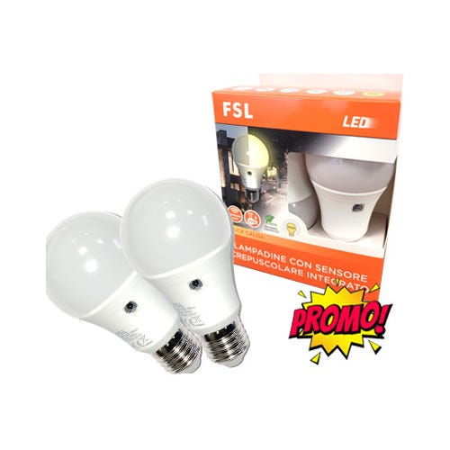 FSL FL2A60S9W40K27 Promo Pack da 2 Lampadine LED E27 a Goccia con Sensore  Crepuscolare 4000K Luce Naturale