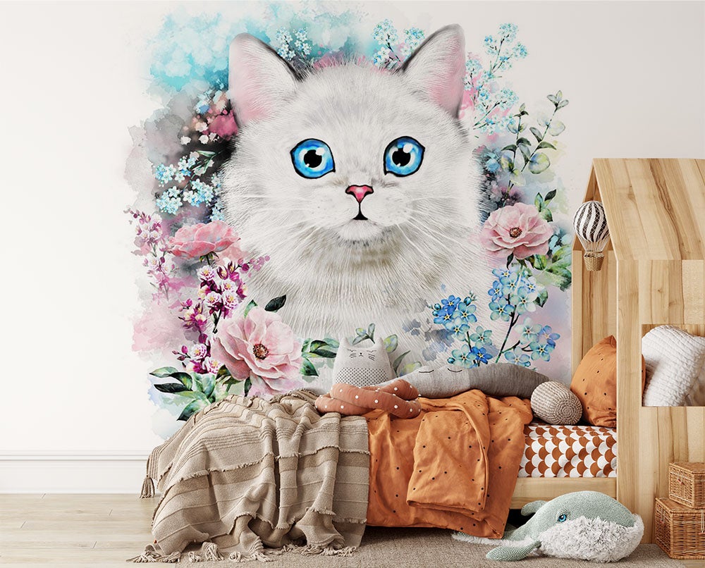 Papier peint enfant panoramique chat couronne de fleurs H260cms