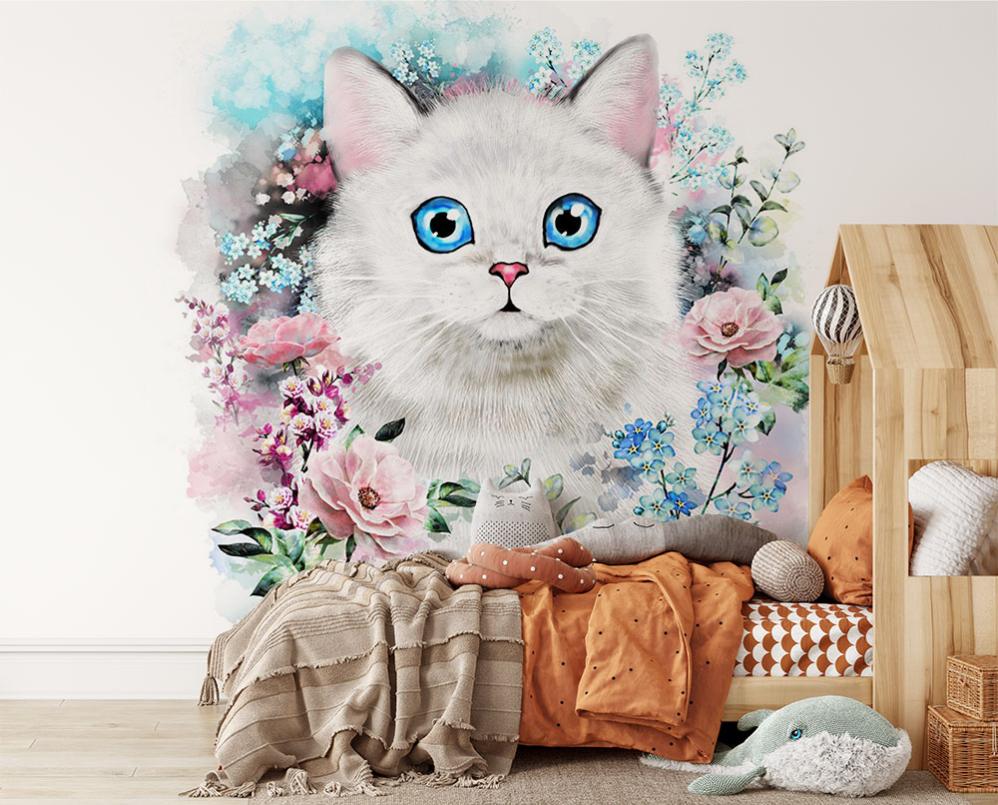 Papier peint enfant panoramique chat couronne de fleurs H230cms/L180cms