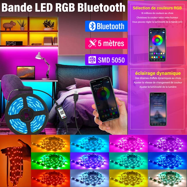 Ruban LED 5m USB chambre bande leds decoration 5050 RGB Lumiere