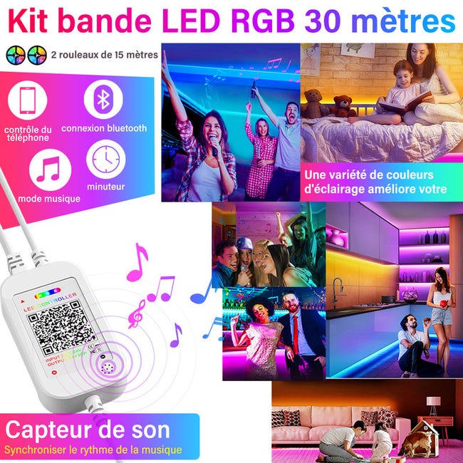 Ruban LED 15m, RGB Bande LED Bluetooth Smart App Contrôle, Multicolore  Ruban Led avec Télécommande, Changement de Couleur avec la Musique, pour  Chambre, Fête, Cuisine : : Luminaires et Éclairage