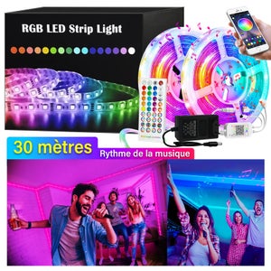Ruban LED 30M, Bande LED Bluetooth RGB, Led Ruban Lumineuse Flexible  Multicolore avec Télécommande pour chambre, Bar, Cuisine, Mariage, Fête?15M*2?
