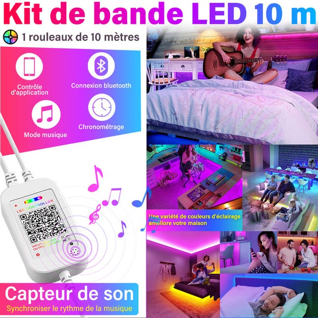 Ruban LED 10m, RGB Bande Bluetooth Smart App Contrôle, Multicolore avec  Télécommande, Changement de Couleur avec la Musique, pour Chambre, Fête,  Cuisine : : Luminaires et Éclairage