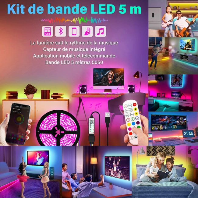 Ruban LED 5M USB chambre bande leds decoration 5050 RGB Lumiere
