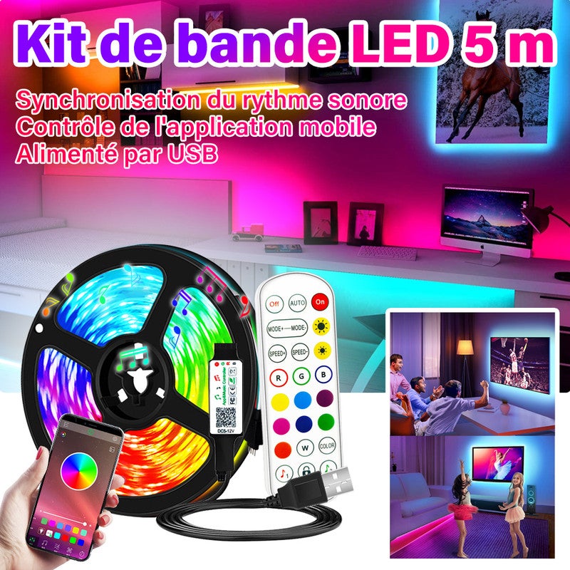 Ruban LED 5M USB chambre bande leds decoration 5050 RGB Lumiere Bluetooth  avec App Contrôle Ruban Auto-adhésif pour Chambre Maison