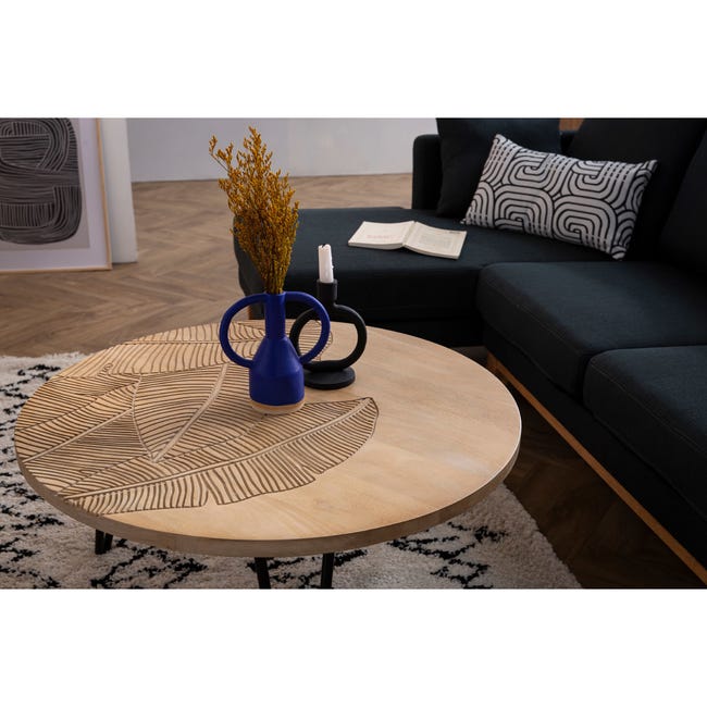 Table d'appoint ronde design avec rangement en métal grège et bois manguier  massif H52 cm TAM - Miliboo