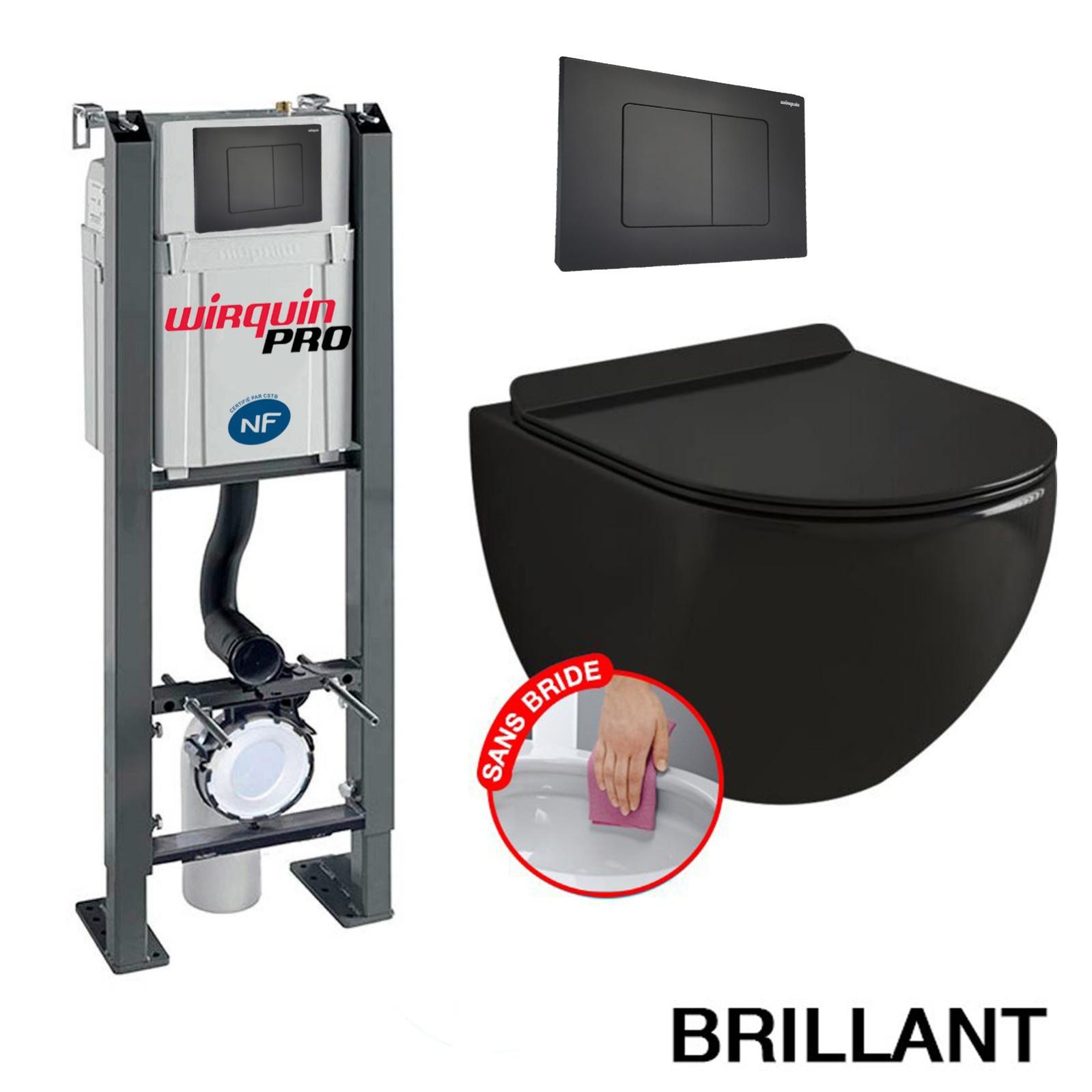 Pack Complet WC Sans Bride Bati Autoportant + Cuvette Noir Brillant