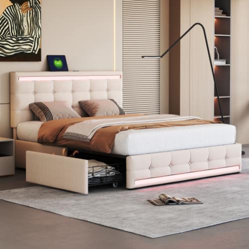 Letto Matrimoniale 160x200 Con LED RGB E Porte USB, 4 Cassetti, Imbottito In Lino Beige - 3