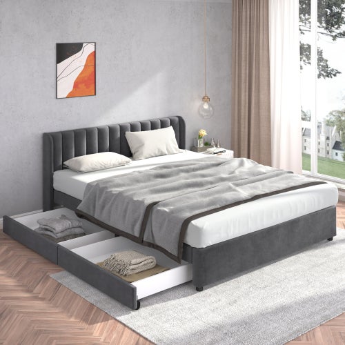 Lit superposé Home Enjoy LIBERTÉ Lit double avec sommier a lattes, tissu  velours, lit rembourré, espace de rangement, sommier en bois (gris, 180 x  200 cm)