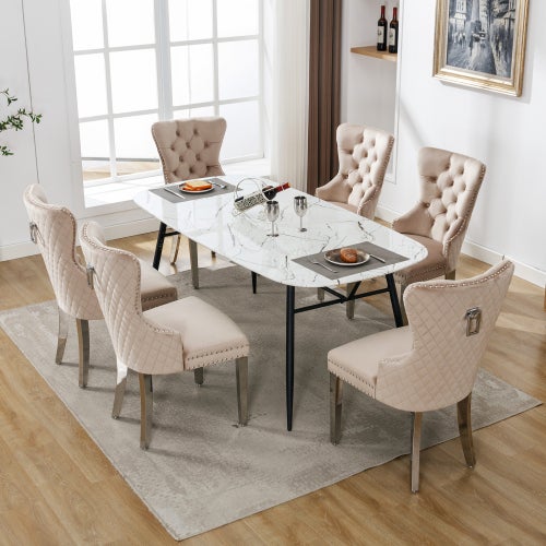 Elegante sedia per sala da pranzo, gambe di supporto in metallo,  rivestimento in velluto, beige - set di 6