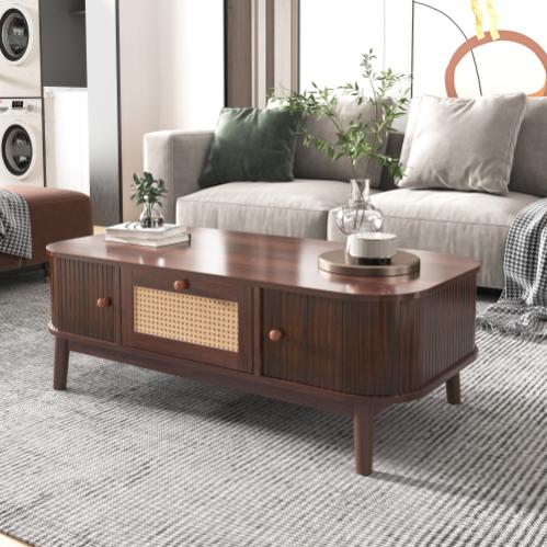 Tavolino Rotondo In Rattan Sintetico E Legno Massello Con Piano In Vetro Ondulato - 84x41 Cm, 2 Ripiani, Stile Naturale Per Soggiorno - 3