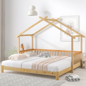 Cama extensible de madera, cama doble, madera y naranja (140 x 100 cm y 140  x 200 cm)