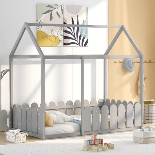 Lit cabane Lit enfant Lit 90 x 200 cm cadre de lit au sol en bois avec  barrière et porte gris
