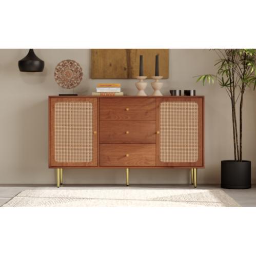 HAINEW Credenza In Rattan Con 2 Ante E 3 Cassetti - Stile Scandinavo, Gambe Dorate, Noce - H90xL150xP40 Cm - Ripiano Regolabile - 6