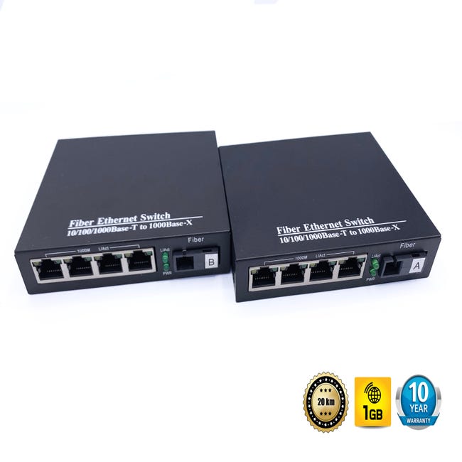Elfcam® - Lot de 2 Convertisseur Fibre Ethernet, Convertisseur de Média SFP  Inclus, Jusqu'à une Distance de 20KM sur Fibre Optique SC Monomode (4 Ports  RJ45 *4 Ports RJ45) : : Informatique