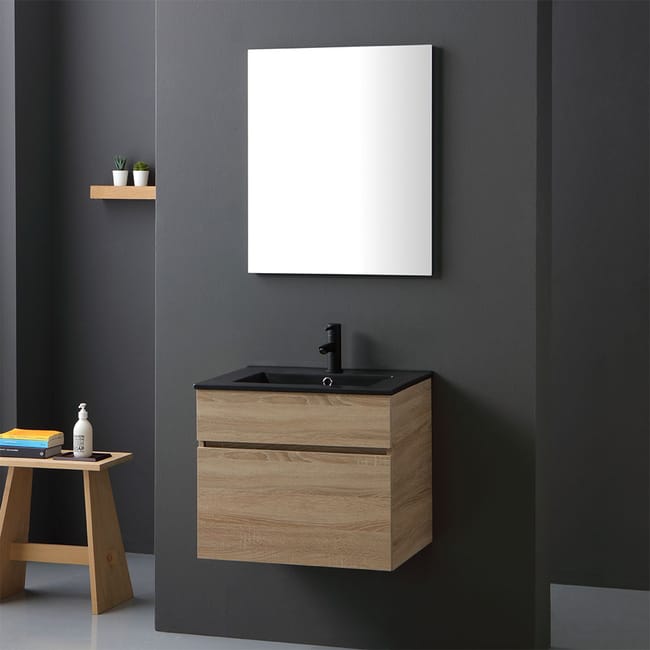 Meuble Suspendu Chene Well Pour Salle De Bain 60cm Avec Lavabo Noir Mat Sole Leroy Merlin