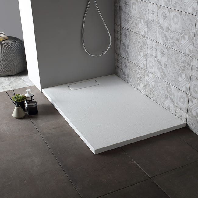 Plato de ducha moderno 120x80 de efecto resina piedra y acero - Domio