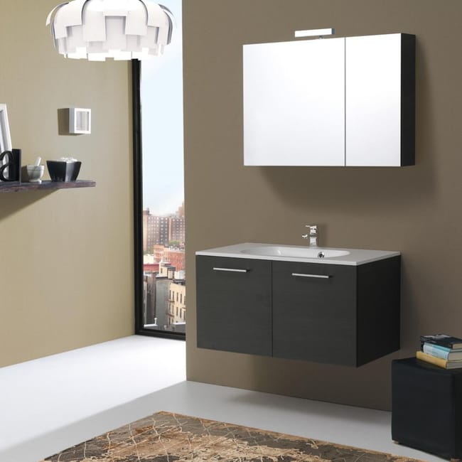 Meuble De Salle De Bains Boston De 90 Cm En Bois De Chene Fonce Avec Miroir Armoire Leroy Merlin