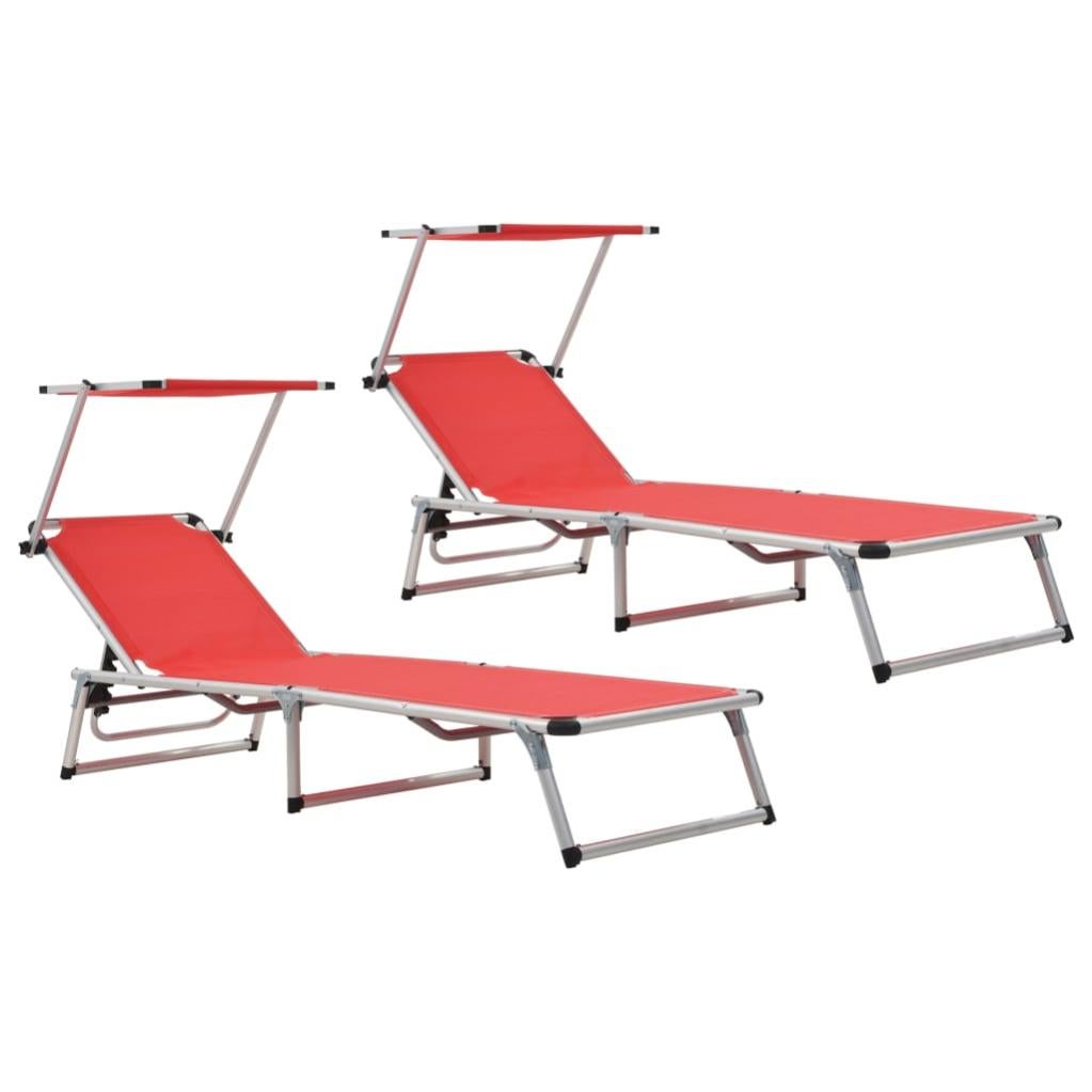 Chaises Longues Pliables Et Toit 2pcs Aluminium Textilène Rouge Vidaxl
