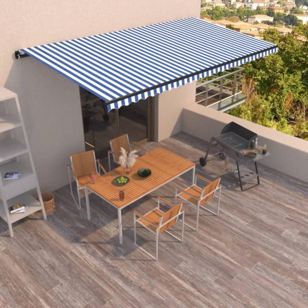 vidaXL Tenda da Sole Retrattile Manuale con Pali 5x3,5 m Blu e Bianca