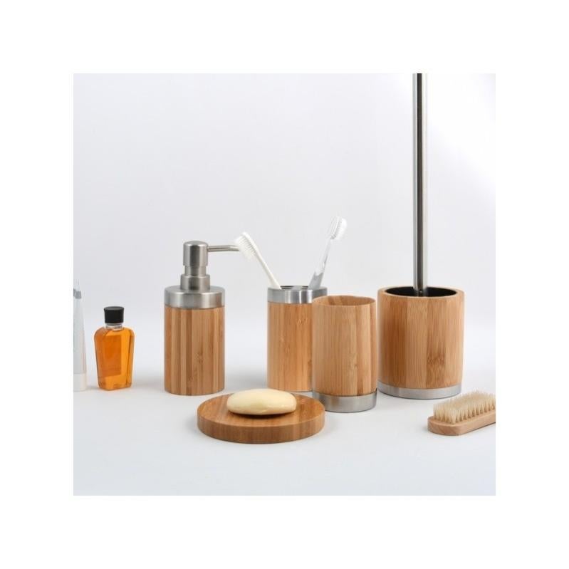 Set di accessori da bagno in legno di bambù dispenser di sapone bicchiere portasapone porta scopino in legno massello di bambù (Color : 4 Pcs Set