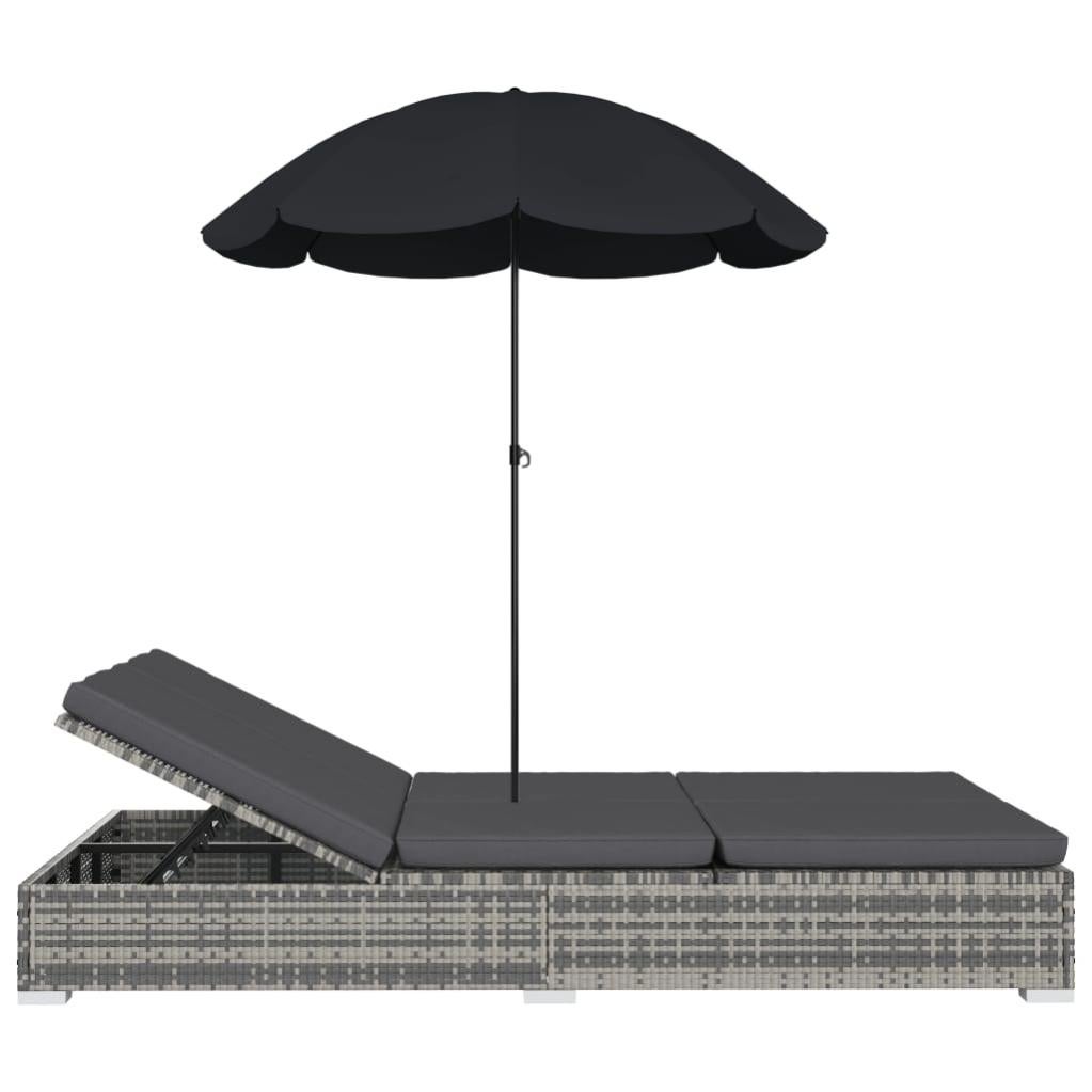 Chaise Longue D'extérieur Avec Parasol Résine Tressée Gris Vidaxl