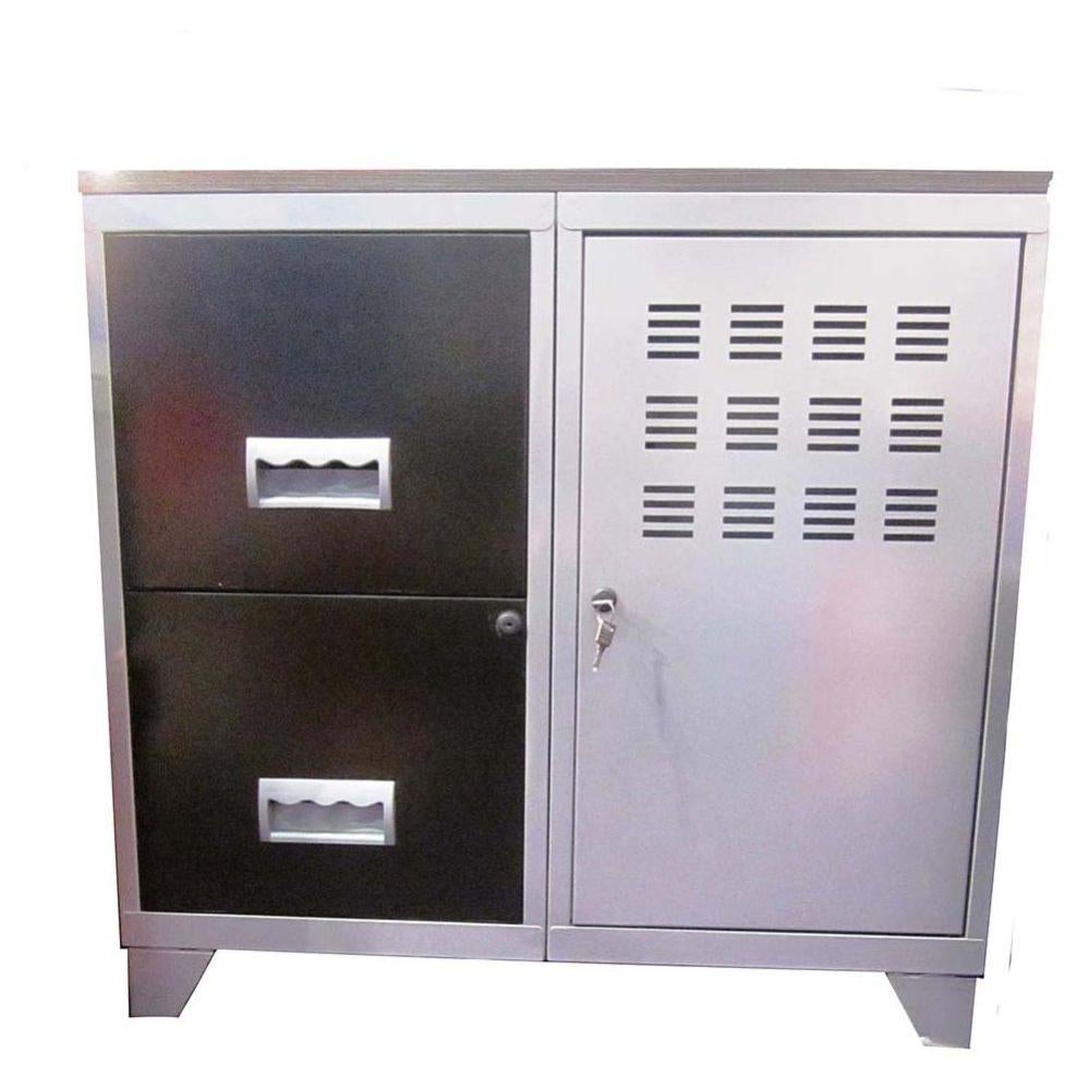 Armoire 1 porte et 2 grands tiroirs en acier avec plateau bois alu et noir (tiroirs) Pierre