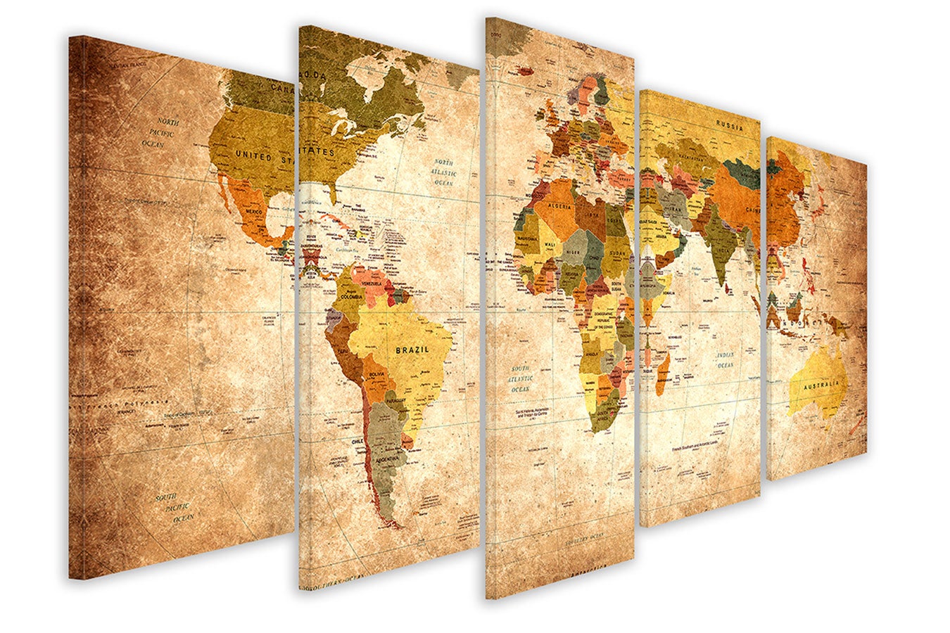 Quadro 5 pannelli mappa del mondo tono arancio - 150x80 cm