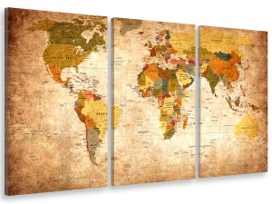 Tableau sur toile en 3 parties Carte du monde vintage marron