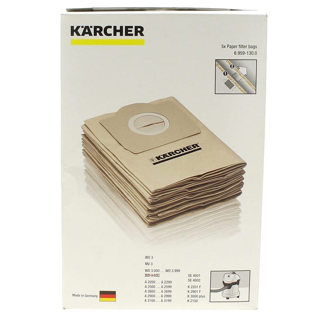 TOPHINON Lot de 10 sacs d'aspirateur pour Karcher 6.959-130.0 WD3 WD3P MV3  A2204 A2254 A2604 Sacs Filtrants en Papier de Rechange pour Aspirateur Wet  & Dry, Sac à poussière pour aspirateurs Kärcher 