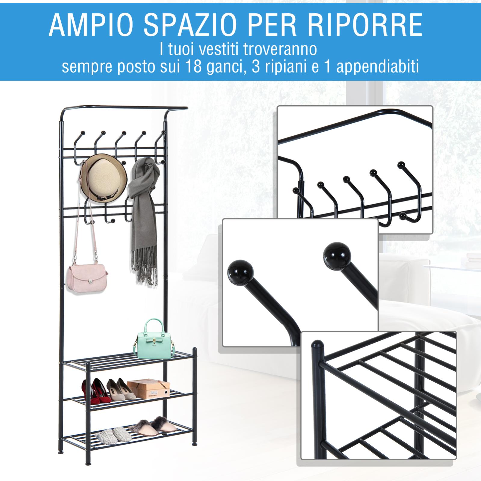 HOMCOM Appendiabiti Da Ingresso Con 2 Cassetti E Ganci – Attaccapanni In Metallo Con Ruote, 185 Cm, Bianco