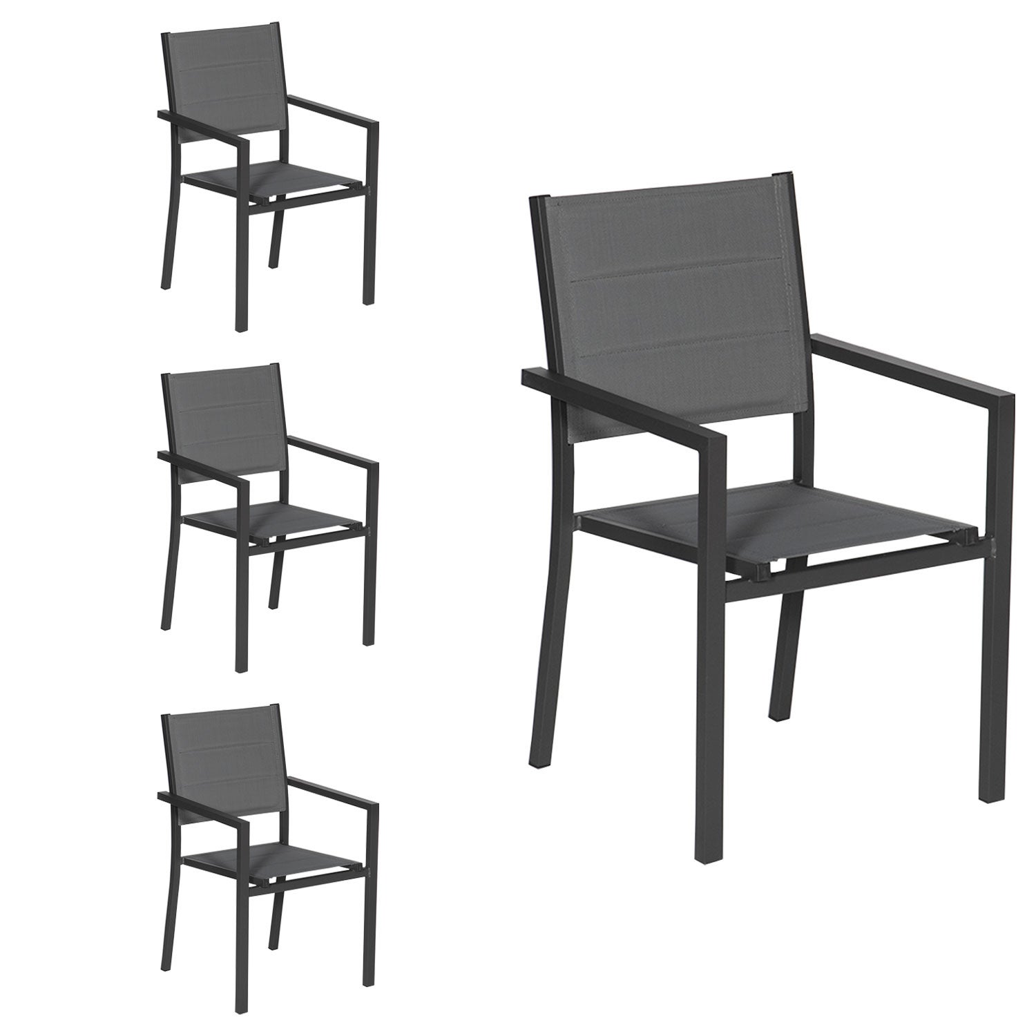 Lot De 4 Chaises Rembourrées En Aluminium Anthracite  Textilène Gris