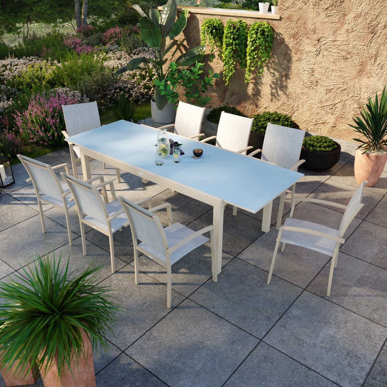 Table de jardin extensible aluminium champagne 180/240cm + 8