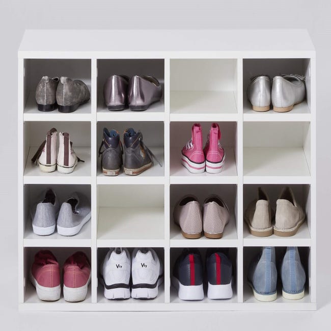 BASIX - meuble à chaussures de 16 casiers mélaminé blanc L/H/P: 92 x 61 x  33