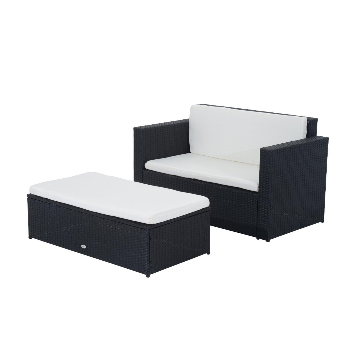 Pouf Rattan Beeveer 2 Pezzi - Poggiapiedi E Tavolino Con Cuscini Rimovibili Grigio - Foto 10