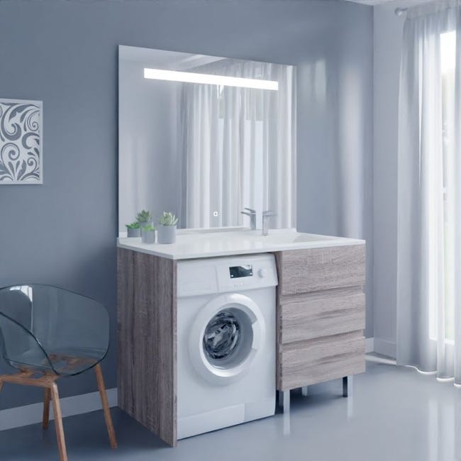 Meuble lave-linge IDEA avec plan vasque déportée + miroir LED Prestige
