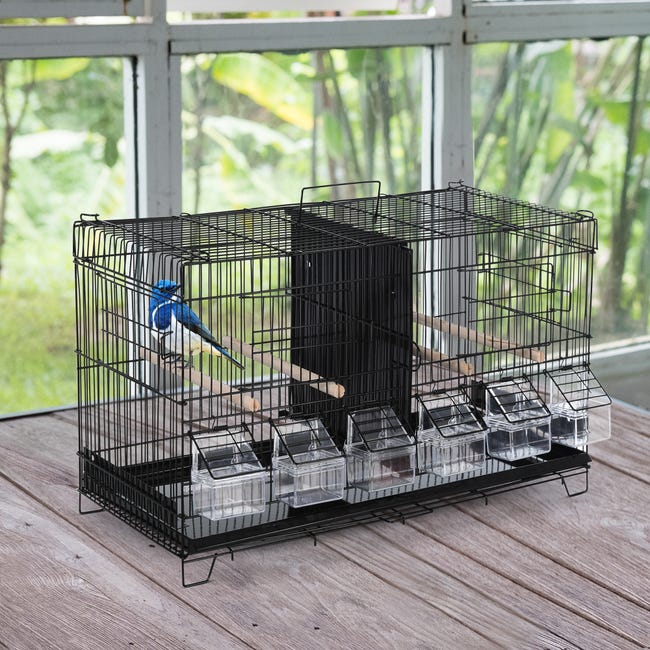 Cage à oiseaux mangeoires perchoirs 4 portes plateau excrément poignée  métal PP noir