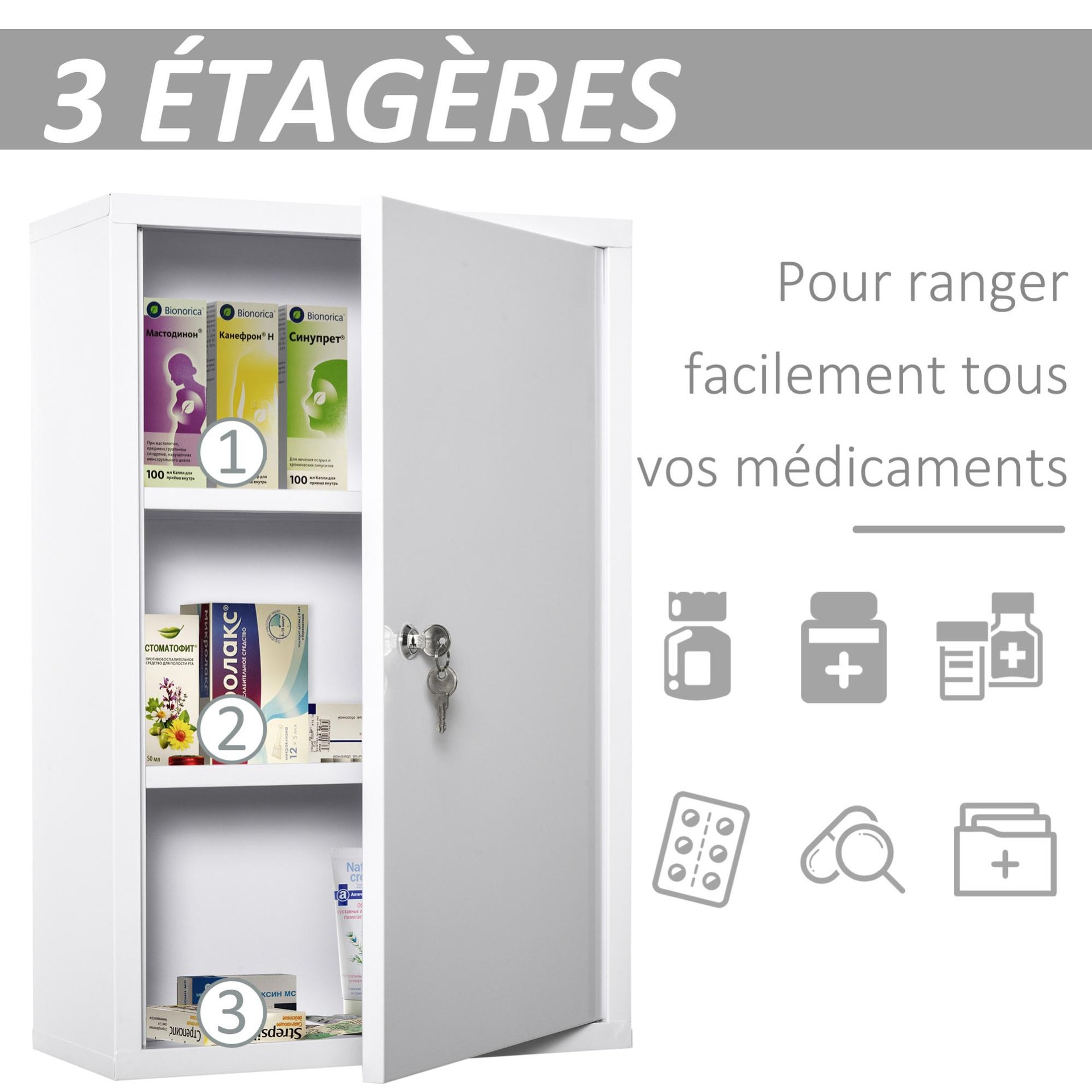 Armoire À Pharmacie Verrouillable 2 Étagères 3 Niveaux 2 Clés Métal