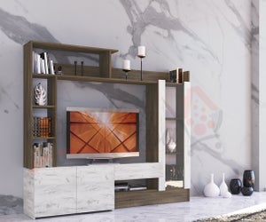 Parete attrezzata soggiorno con mobile TV sospeso 260x150 grigio e rovere