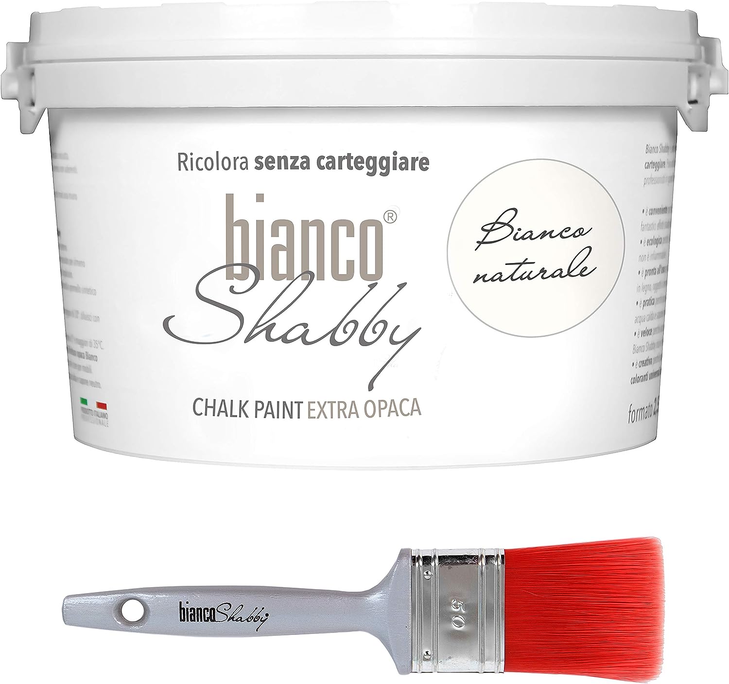 CHALK PAINT Bianco Naturale per Mobili e Pareti - Pittura Shabby Chic  Vintage EXTRA OPACA (2,5 Litro) + Pennello Professionale (50 mm)