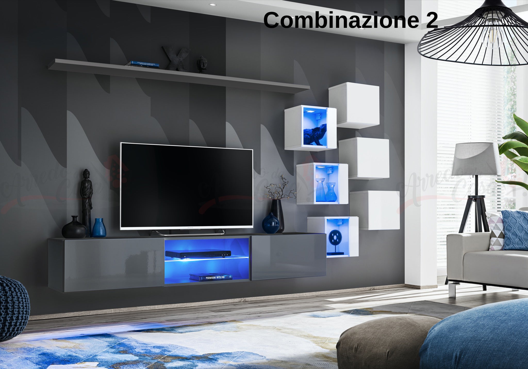 Parete attrezzata soggiorno con mobile TV sospeso 260x150 grigio e bianco