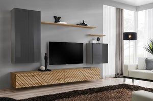 Parete attrezzata soggiorno con mobile TV sospeso 260x150 grigio e rovere