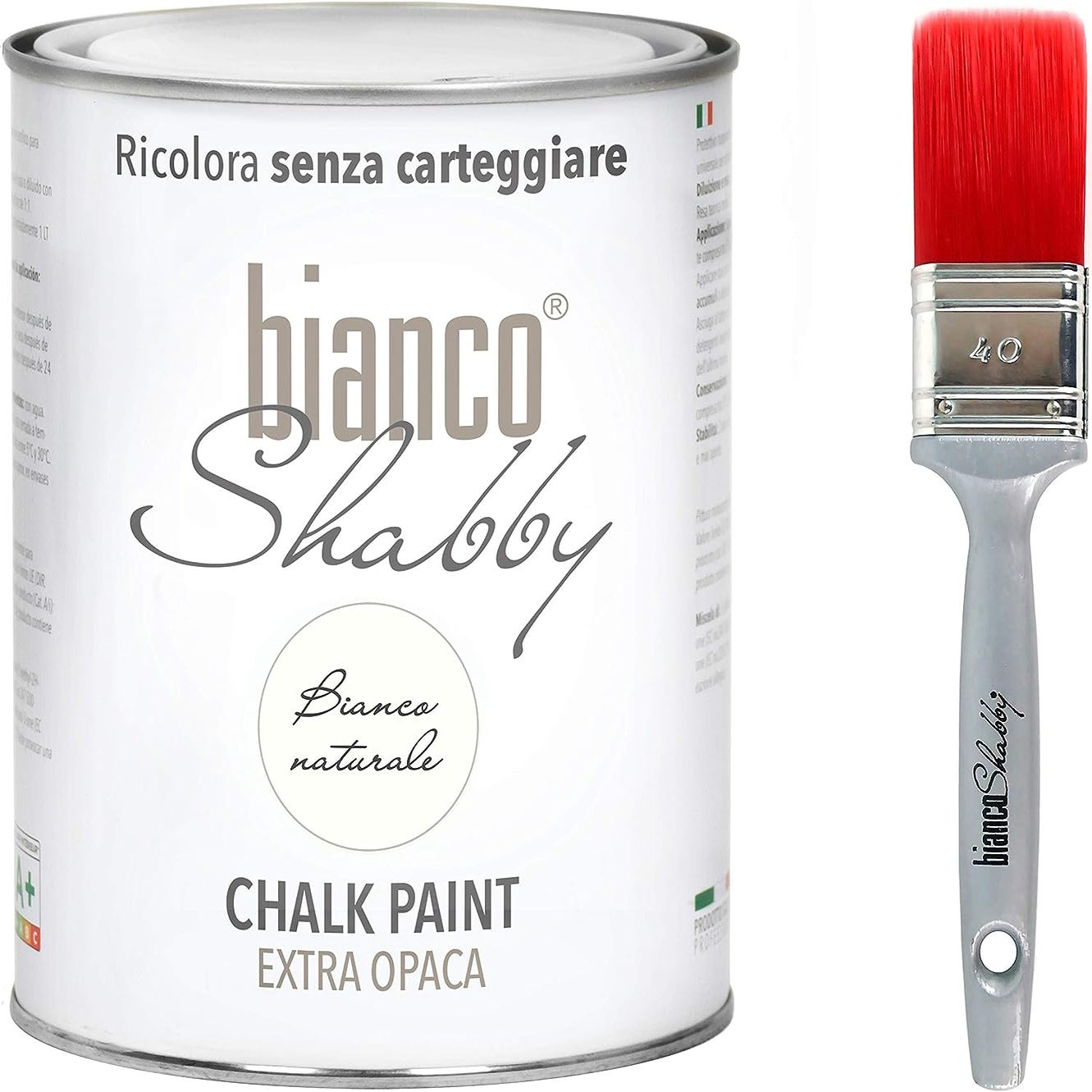 CHALK PAINT Bianco Naturale per Mobili e Pareti - Pittura Shabby Chic  Vintage EXTRA OPACA (1 Litro) + Pennello Professionale (40 mm)