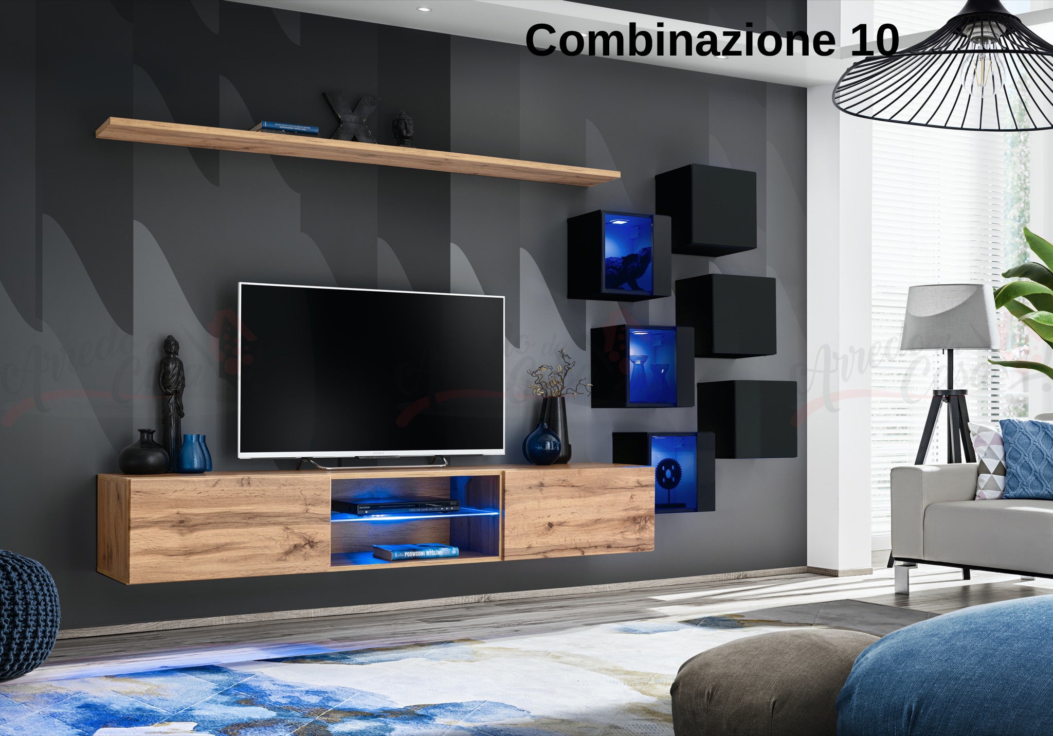 Parete attrezzata soggiorno con mobile TV sospeso PAP67 260x150 rovere e  nero