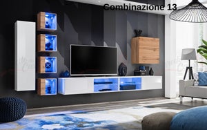 Parete attrezzata soggiorno con mobile TV sospeso 260x150 grigio e rovere