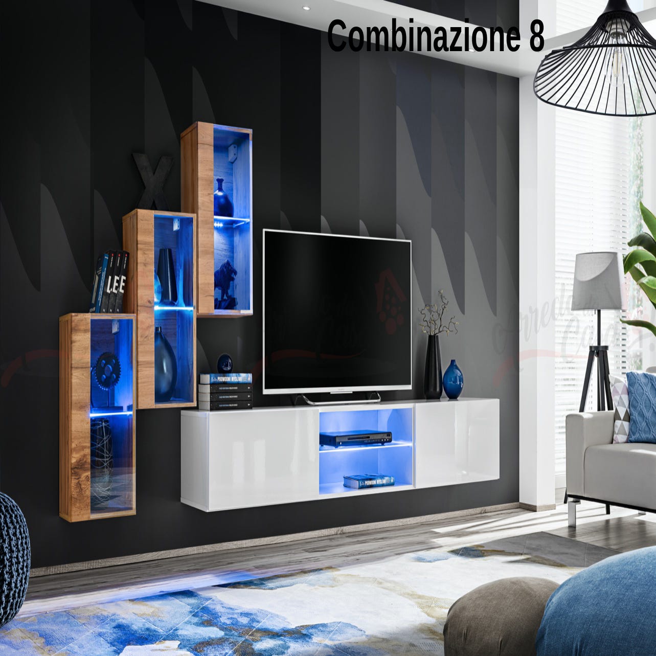 Parete attrezzata soggiorno moderna mobile TV sospeso PAP68 240x170 rovere  e bianco