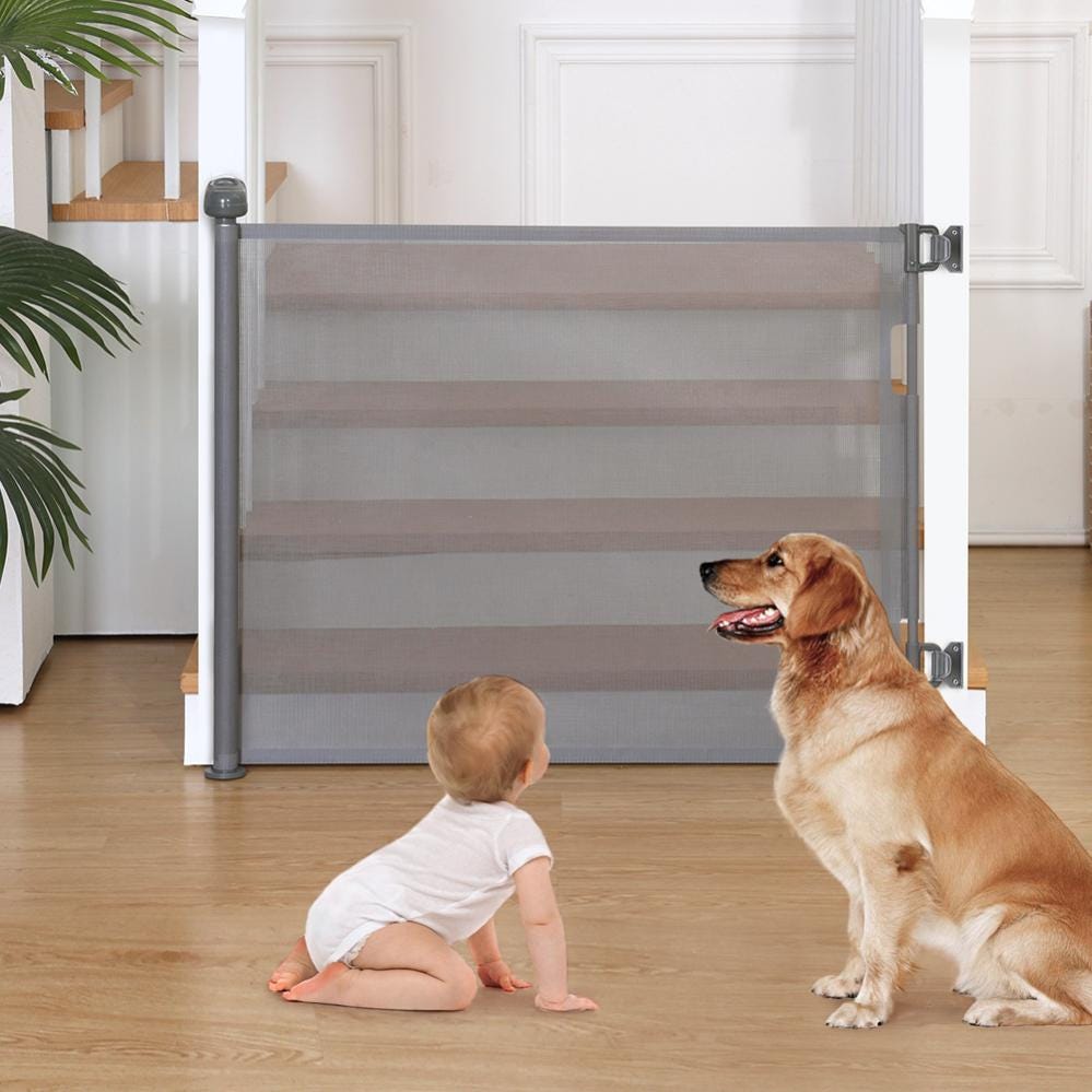 Puerta de seguridad retráctil para escaleras para bebés, niños y perros,  0-140 cm de ancho - Gris