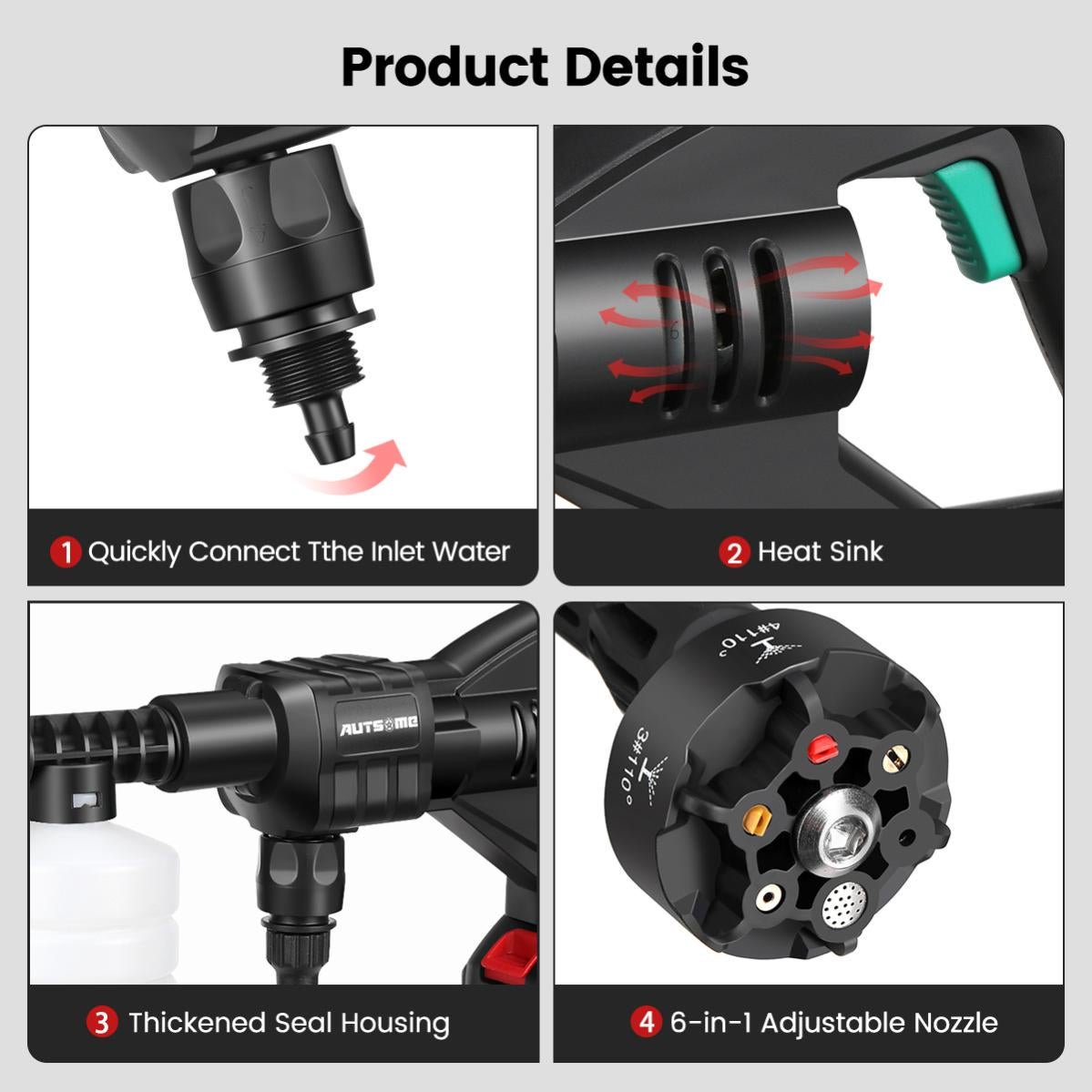 Idropulitrice A Batteria, Gisam Pressure Washer Portatile, 3 Velocità Max 65Bar, 2x4.0Ah Batterie, 6-in-1Multiuso Ugello, 180° Girevole Ugello, Spruzzatore Di Schiuma, 5M Tubo | Irrigazione Pulito