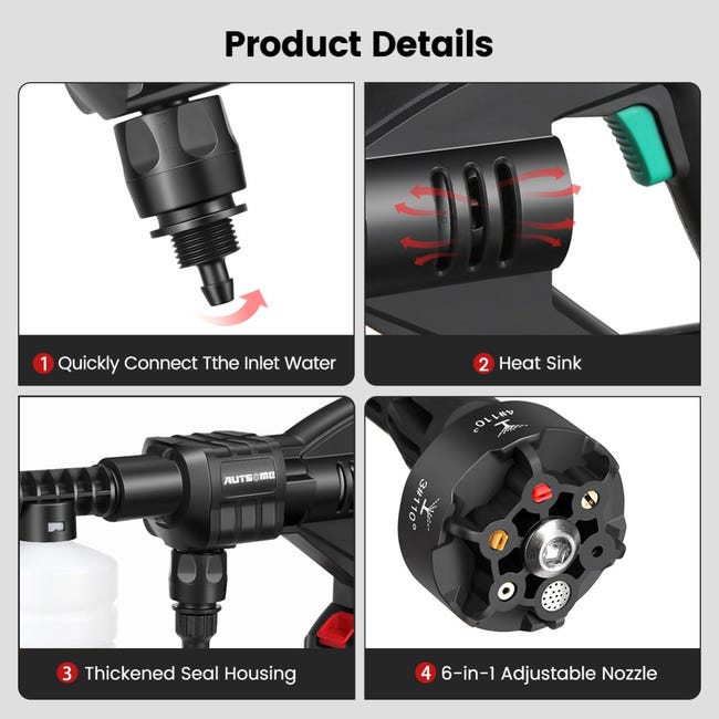 Idropulitrice A Batteria, Gisam Pressure Washer Portatile, 3 Velocità Max 65Bar, 2x4.0Ah Batterie, 6-in-1Multiuso Ugello, 180° Girevole Ugello, Spruzzatore Di Schiuma, 5M Tubo | Irrigazione Pulito